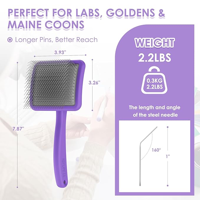 Large Dog Slicker Brush & Comb Set with Leather Sleeves - Long Pin Deshedding Brush for Golden Retrievers, Poodles, Doodles & Thick Coats, Wood Handle Pet Grooming Kit for Dogs, Cats. Purple