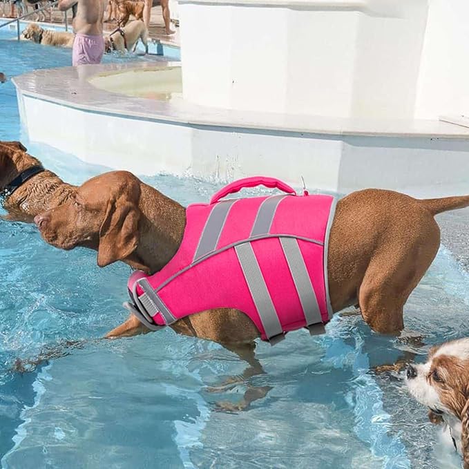 Kuoser XXL Dog Life Jacket for Large Breeds, High Flotation Swimming Vest with Reflective Strips for Boating, Pink