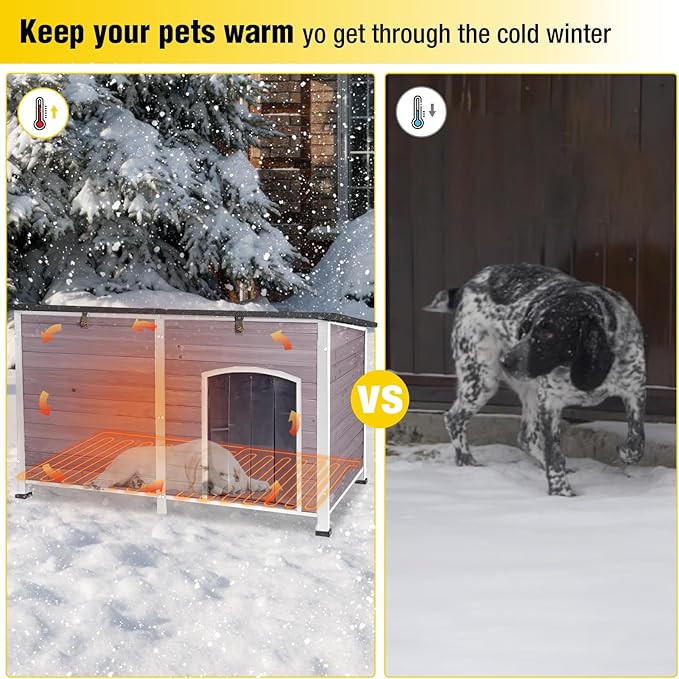 AIVITUVIN Outdoor Heated Dog House Anti Chewing Iron Frame Insulated Dog Kennel with Heating Pad Weatherproof Shelter （Grey,XL）