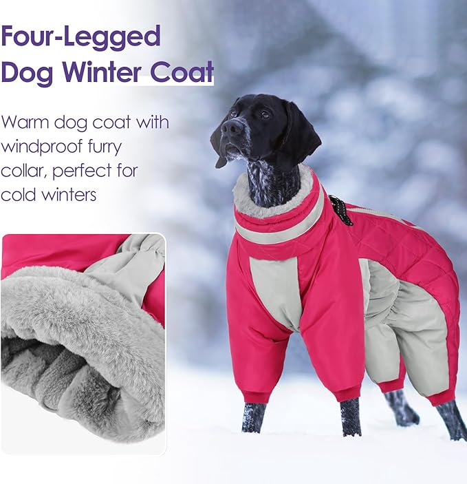 SUNFURA Full Body Dog Coat - Warm Fleece Jacket for Large Dogs, Turtleneck Winter Coats with Harness, Reflective Dog Snowsuit Windproof Puffer Jackets with Legs for French Bulldog, Hot Pink L