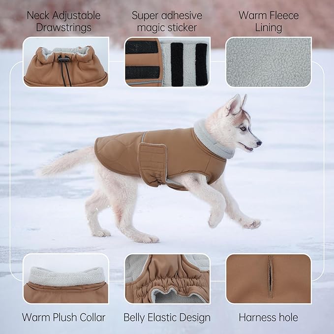 BRKURLEG Dog Winter Coat, Warm Dog Jackets for Small and Medium Large Dogs, Reflective Adjustable Pet Cold Weather Coats, Waterproof Windproof Dogs Snow Jacket Clothes Warm Vest (L, Khaki)