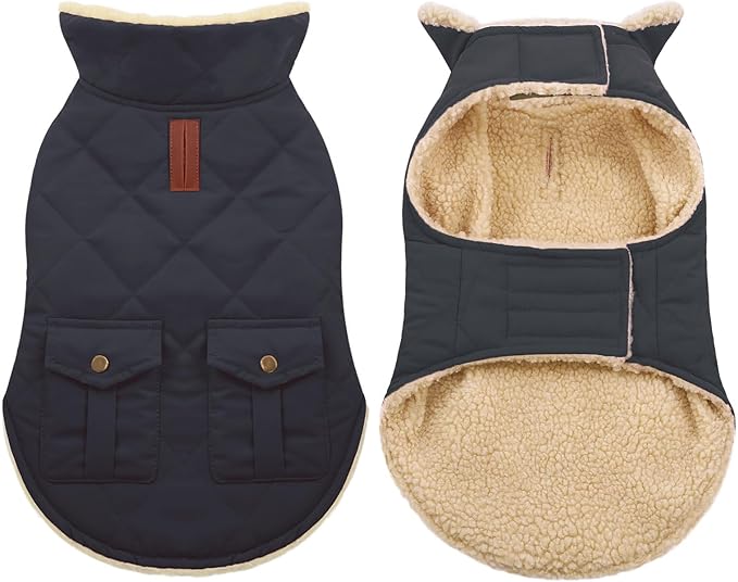 ASENKU Warm Dog Winter Coat, Waterproof Dog Coat for Cold Weather, Fleece Dogs Jacket with Ultra Thick Plush Lining Leash Hole Storage Pockets for Large Dogs (Navy Blue, Large)