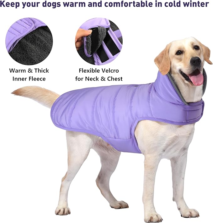 Dog Winter Coat, Waterproof Dog Jacket with Leash Hole, Reflective Adjustable Pet Snow Vest, Warm Fleece Sweater for Small Medium Large Dogs - Light Purple, 2XL