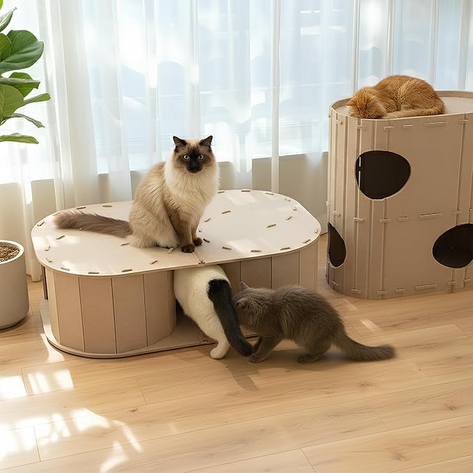 PETKARAY Large Felt Cat Tunnel, Double S-Shaped Hideaway for Indoor Cats, Interactive Cat Bed Cave and Hideout, 34x22.8x10.2 inches Beige