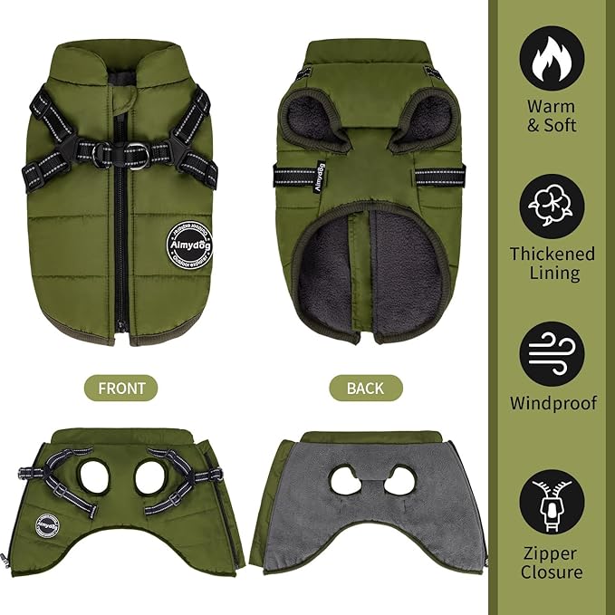 Warm Winter Coat, Fashion Sports Dog Cold Weather Jacket with Built-in Harness, Reflective, Waterproof Windproof Dog Apparel for Small Dogs (Green)