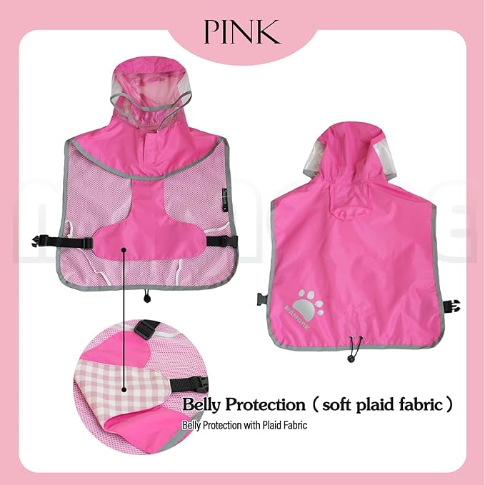 MAMORE Dog Raincoat Hooded Rain Jacket for Small Medium Large Dogs Slicker Poncho Bottom Waterproof Adjustable Reflective Breathable Leash Hole (Pink, Small)