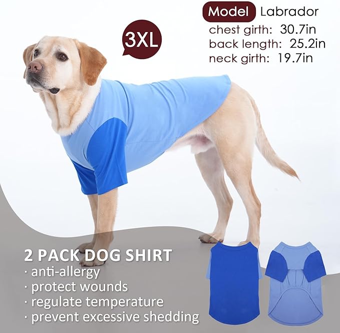 2 Pack Large Dog T-Shirts 3XL - Breathable Durable Cotton Shirt, Shedding Control Protect Skin Dogs Clothes for Husky, Labrador, Summer Hot Day Sleep, Walk, Sea, Park Play, Camping, Blue