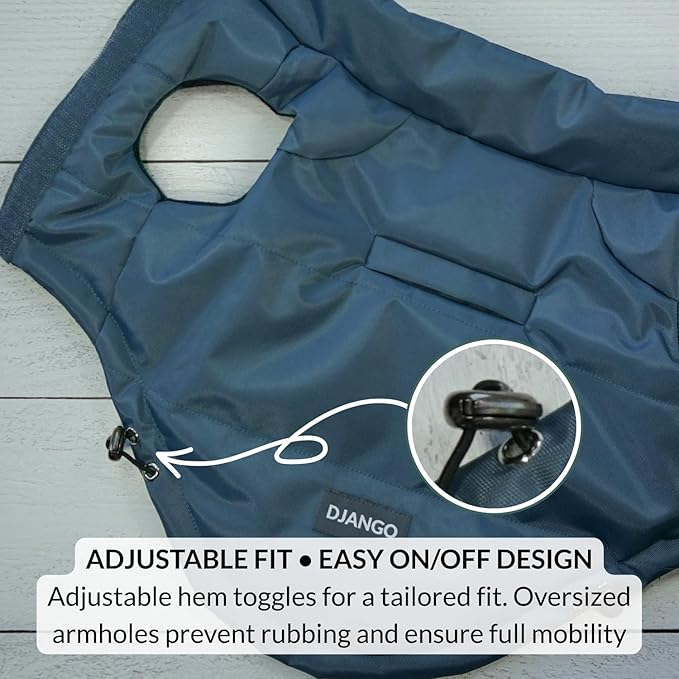DJANGO Reversible Puffer Dog Coat – Warm Winter Dog Jacket & Water-Repellent Insulated Dog Coat w/Harness Hole, Windproof, Adjustable Fit for Small & Medium Dogs, Dachshunds – Twilight Blue, Small