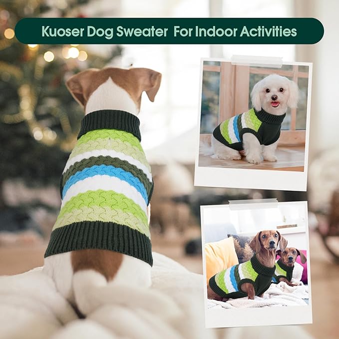 Kuoser Dog Sweater, Pet Cable Knitted Pullover Puppy Warm Clothes, Doggy Turtleneck Classic Knitwear Soft Thickening Doggie Outfit, Cold Weather Thermal Wear for Large Size Dogs, Green 2XL