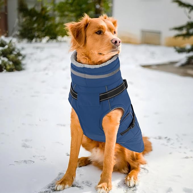 PETDSH Dog Coat Large, Built-in Harness Dog Jacket with Warm Fleece Lining, Waterproof Reflective Dogs Winter Coat, Pet Coats with Pocket and Trash Bags (Navy Blue, X-Large)