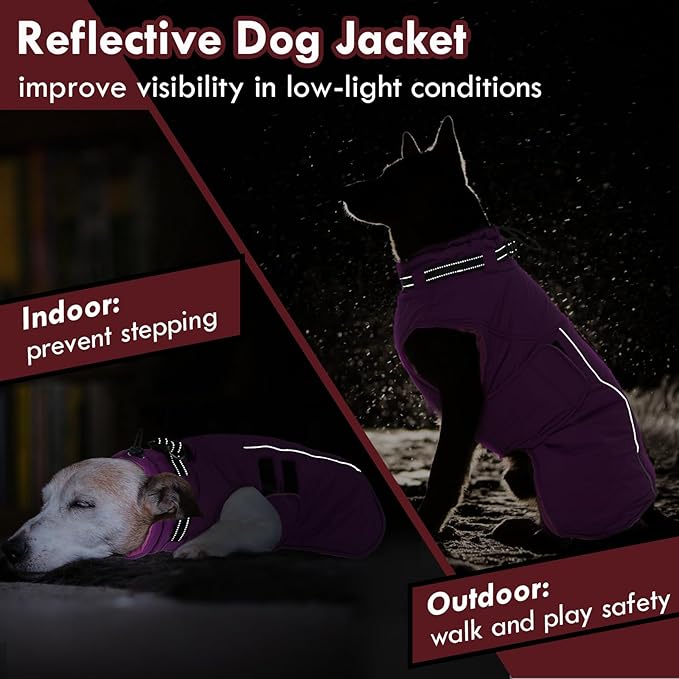 Dog Coats for Extra Large Dogs Winter Waterproof Jacket with Harness Reflective Adjustable Hook&Loop Snowsuit for Cold Weather, Warm Snow Jackets for Dogs Great Dane Saint Bernard, 5XL Purple