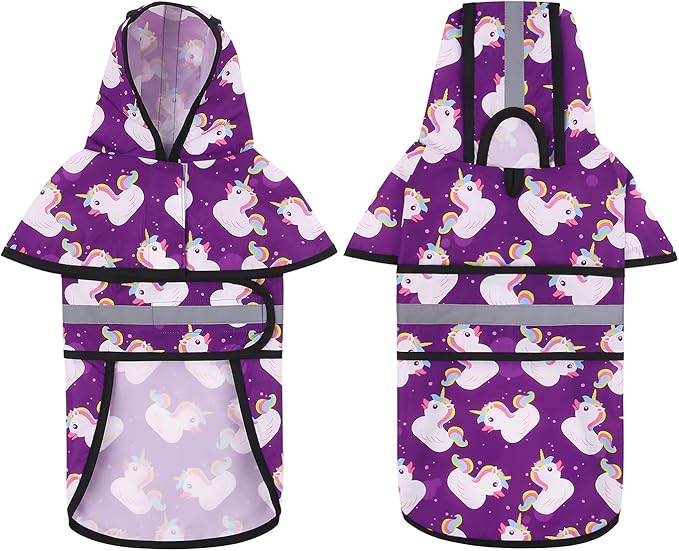 HDE Dog Raincoat Jacket Reflective Adjustable Hooded Pet Poncho Rain Coat with Leash Hole for Small to X-Large Dogs Purple Unicorn Ducks - S