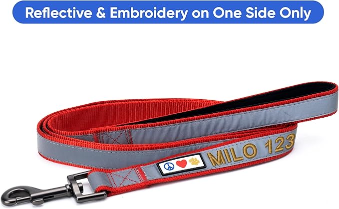 Pawtitas Personalized Dog Leash Embroidered Customize Your Pet Name & Phone Number Puppy Reflective 6 ft Long Large Red Custom Tag Name, Red Reflective 🔦 Padded
