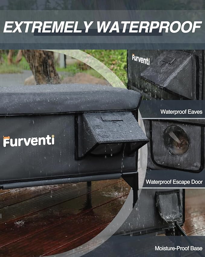Heated Cat House for Outside,Dual Camera Mounts,100% Weatherproof & Extremely Insulated,Elevated Feral Cat Shelter with Escape Door,Waterproof Eaves for Outdoor Stray Barn Cat(Dark Grey,L)