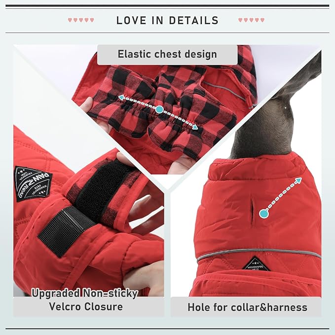 PAWZ Road Dog Winter Coat with 5 Layers Warm Material, Reversible Dog Clothes with 2 Sides, Dog Jacket Outdoor Water Repellent, (Red Plaid L)