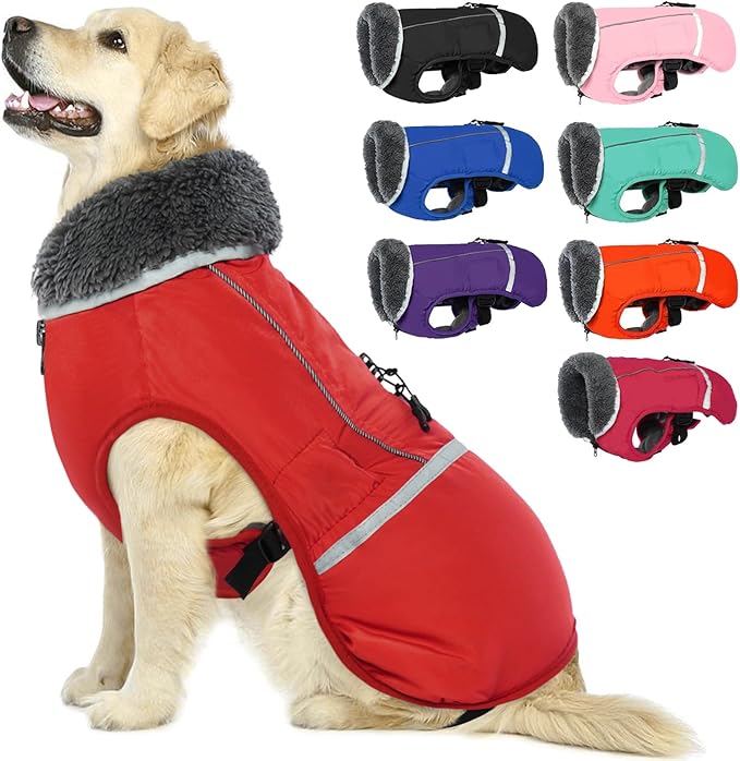 QBLEEV Warm Dog Coat Reflective Dog Jacket, Waterproof Dog Winter Coat Turtleneck Dog Clothes for Cold Weather, Thick Fleece Dog Snowsuit Christmas Dog Vest Pet Apparel for Small Medium Large Dogs L