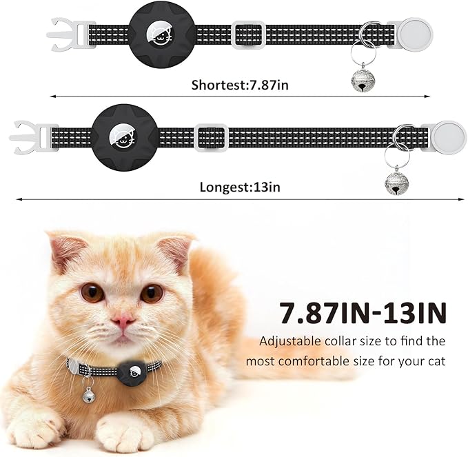 AirTag Cat Collar, Reflective Kitten Collar Breakaway Apple Air Tag Cat Collar, GPS Cat Collar with AirTag Holder and Bell, Lightweight Tracker Cat Collars for Girl Boy Cats (Black/Gray)