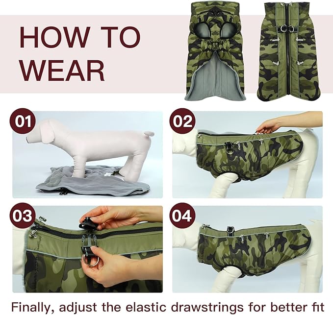 Dog Winter Jacket - 3X Large, Warm Zip Up Snowsuit Dog Harness Vest, Reflective, Water-Resistant, Camouflage