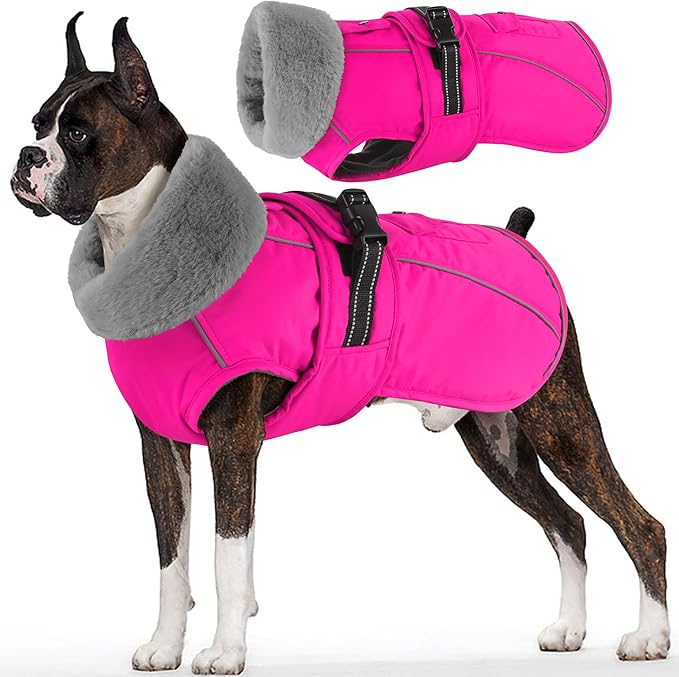 Dogcheer Dog Coat with Pocket, Waterproof Dog Jacket with Adjustable Buckle, Reflective Puppy Winter Coat Warm Turtleneck Fleece SnowJacket for Small Medium Large Dogs - Pink 2XL