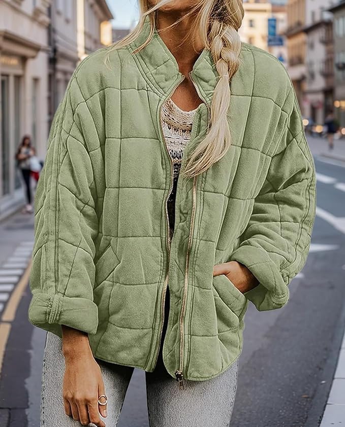 LIZALIG Warm Padded Coat for Women Full Zip Quilted Jackets Winter Oversized Causal Solid Color Stand Collar Pockets Coat