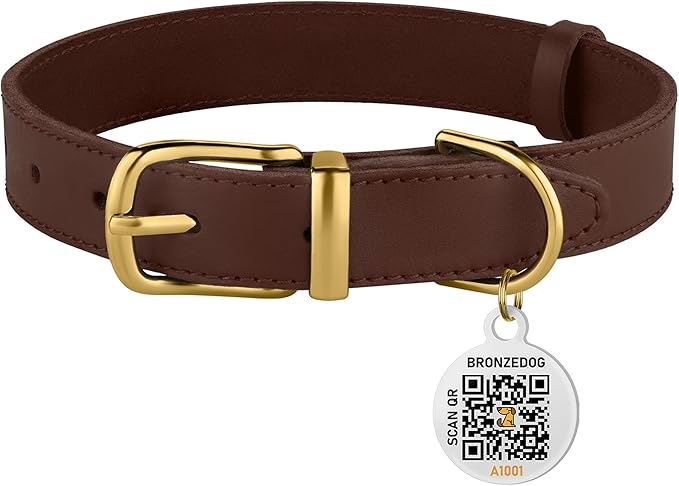 BRONZEDOG Leather Dog Collar with QR ID Tag Basic Pet Collars for Small Mini Dogs Cats Puppies (9-11 Inch (Pack of 1), Dark Brown & Gold Buckle)