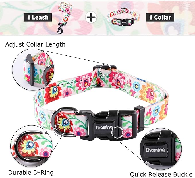 Ihoming Dog Collar and Leash Set for Daily Outdoor Walking Running Training, White Colorful Flowers Design for Small Boys Girls Dogs Cats Pets, S-Up to 20LBS