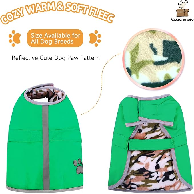 Queenmore Dog Winter Coat, Cold Weather Fleece Jacket for Dogs, Waterproof Reflective Reversible, for Small, Medium and Large Dogs (Green, L)
