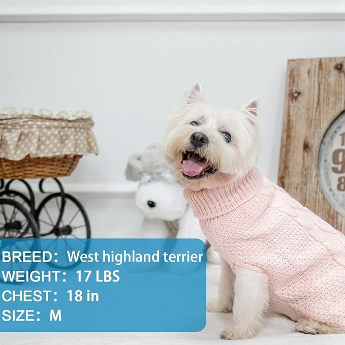 Mihachi Turtleneck Dog Sweater - Winter Coat Apparel Classic Cable Knit Clothes with Leash Hole for Cold Weather, Ideal Gift for Pet in New Year Rosy Small/Medium