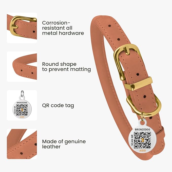 BronzeDog Rolled Leather Dog Collar with QR ID Tag, Adjustable Soft Round Collars for Small Medium Large Dogs Puppy (9" - 11" Neck Size, Peach)