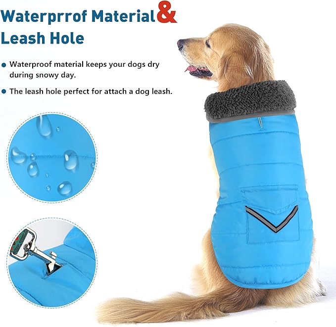 Dog Coat, Waterproof Dog Winter Jacket with Pocket, Reflective Adjustable Pet Snow Vest, Warm Cozy Fleece Sweater for Small Medium Extra Large Dogs - Sky Blue, XS