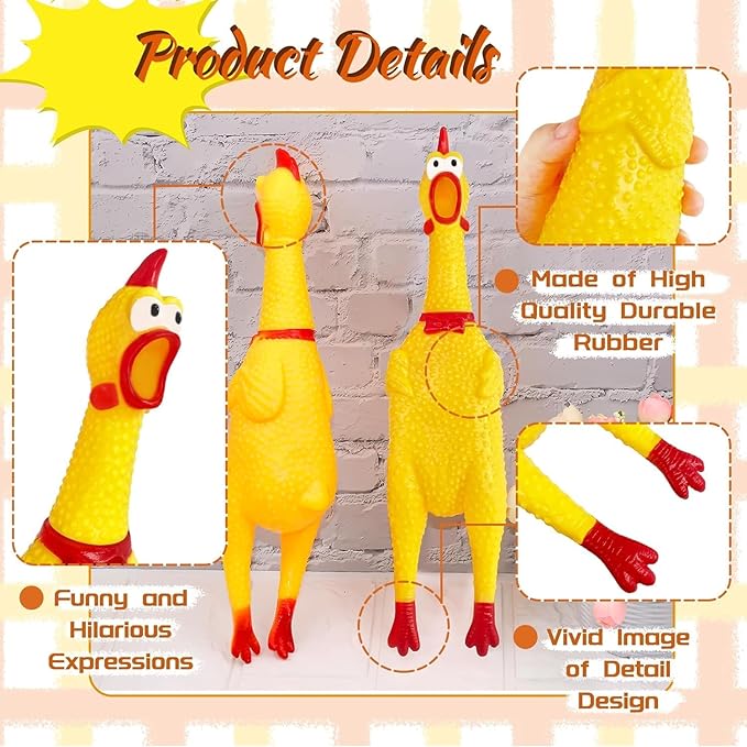 HEALTH & OUTDOORS Rubber Chicken Squeeze Squawking Chicken (2 Pack), 12-Inch Yellow Screaming Chicken Dog Toys, Prank Noise Maker Dog for Silly Novelty Party Favors, Games