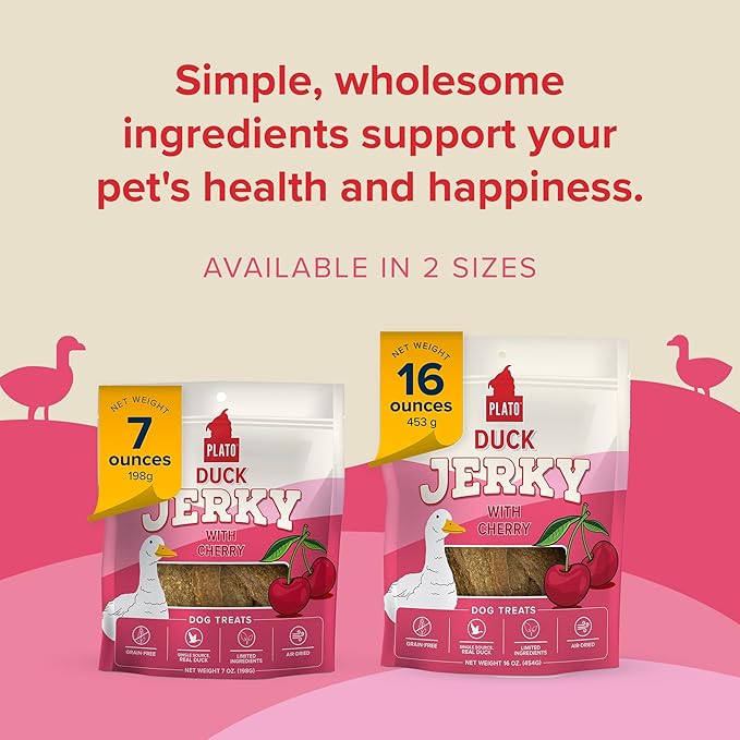 PLATO Pet Treats - Air-Dried Jerky - Delicious, Real Meat Dog Treats - Grain Free - Supports Healthy Digestion - Duck with Cherry 16oz