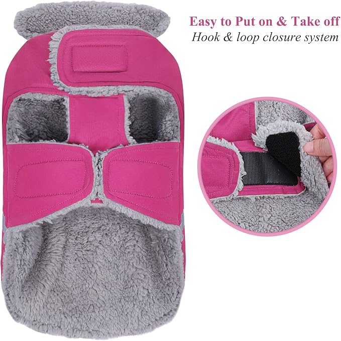 VIVAGLORY Frostfit Dog Coat, Dog Jacket for Winter & Cold Weather, Warm Fluffy Fleece Lined Water Resistant Reflective for Puppy, Coat with Velcro Fastening & Leash Hole, S, Fuchsia