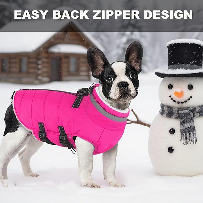 Small Dog Coat with Harness Built-in, Waterproof Reflective Fleece Lined - Warm Windproof Winter Jacket with Back Zipper, Cold Weather Snow Dog Coats - Pink - XS