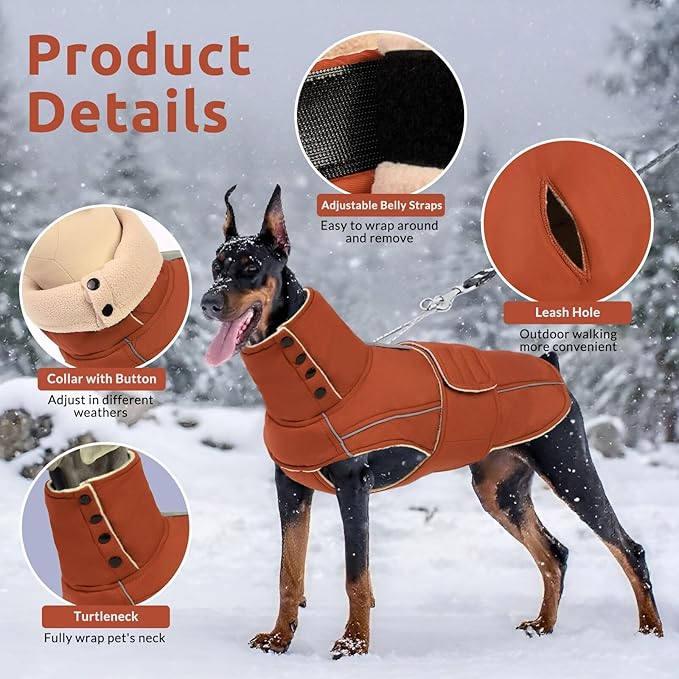 ASENKU Warm Dog Coat, Waterproof Dog Jackets for Large Dogs with Reflective Fleece Vest Turtleneck with Button, Windproof Cold Weather Coats for Small Medium Large Dogs, Red Brown, L