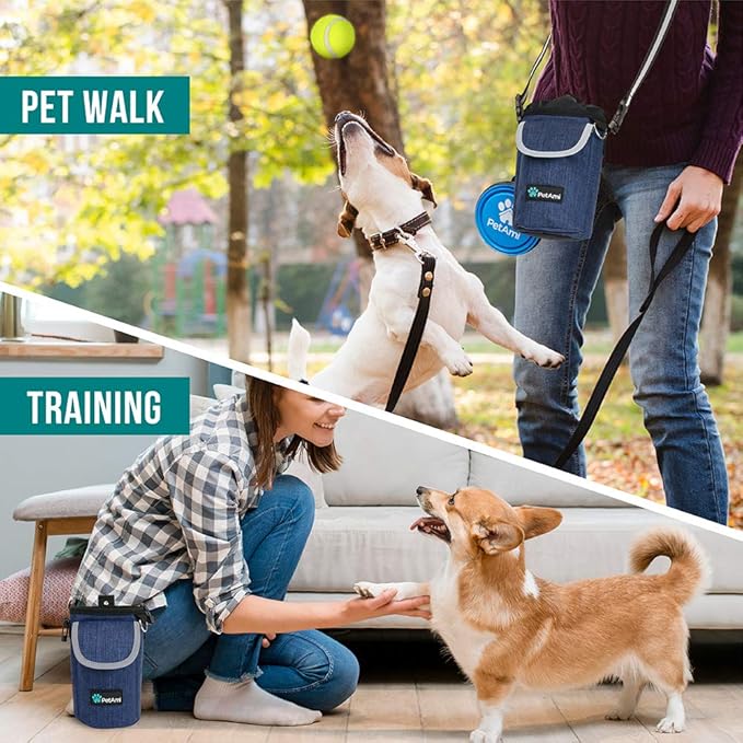 PetAmi Dog Treat Pouch, Large Pet Training Treat Pouch with Pocket, Dog Trainer Essentials Supply Holder with Poop Bag Dispenser, Training Bag for Kibbles Toys, 3 Ways to Wear (Navy)