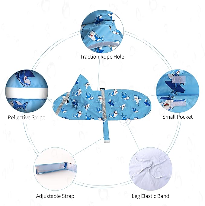 NACOCO Large Dog Raincoat Adjustable - Pet Shark Water Proof Clothes Lightweight Rain Jacket Poncho Hoodies with Strip Reflective Blue (L, Blue Shark)