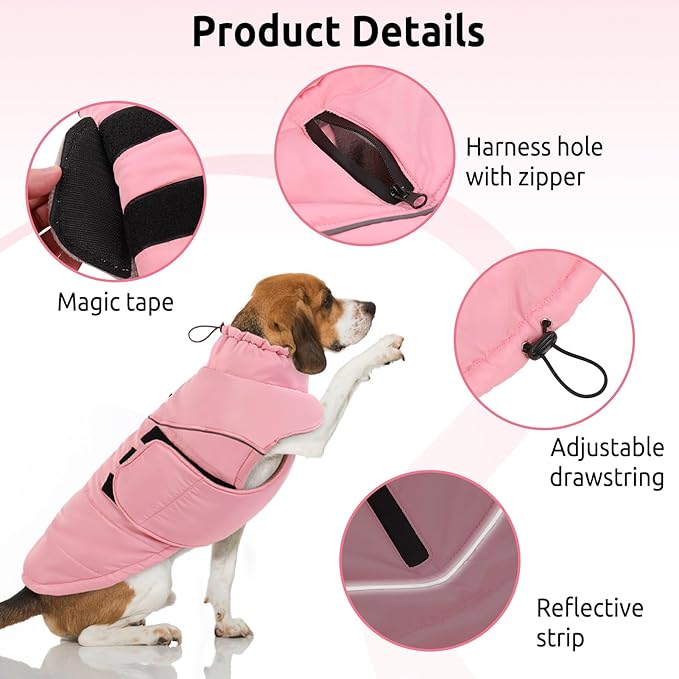 Peferhouse Dog Warm Winter Coats for Extra-Large Dogs, Dog Cold Weather Coat Dog Windproof Reflective Jacket with Harness Hole Thick Dog Vest Jacket Pink XL