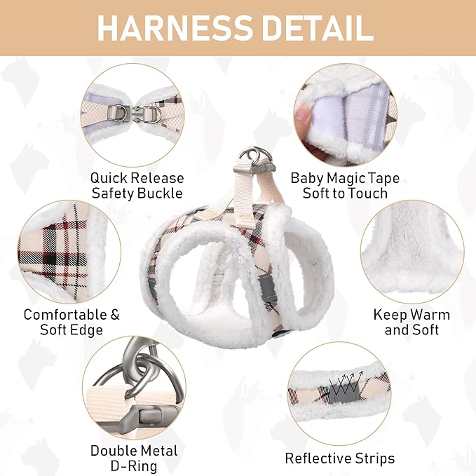 GAMUDA Small Dog Harness Collar and Leash Set, Step in No Chock No Pull Soft Mesh Adjustable Dog Vest Harnesses Plaid Reflective for Dogs Puppy Cats Kitten Rabbit (Warm Beige, S)