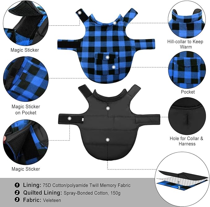 ASENKU Dog Winter Coat, Fleece Doggie Jacket Plaid Reversible Vest Waterproof Windproof Cold Weather Clothes for Small Medium Large Dogs (XXL, Blue)