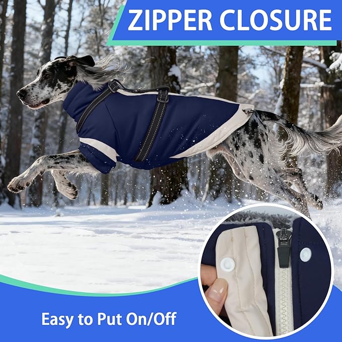 MIGOHI Dog Coat with Harness Built in, 2-in-1 Thermal Water-Resistant Dog Jacket, Windproof Reflective Snowsuit for Extra Large Dogs, German Shepherd, High Collar Design, Navy Blue, 3XL