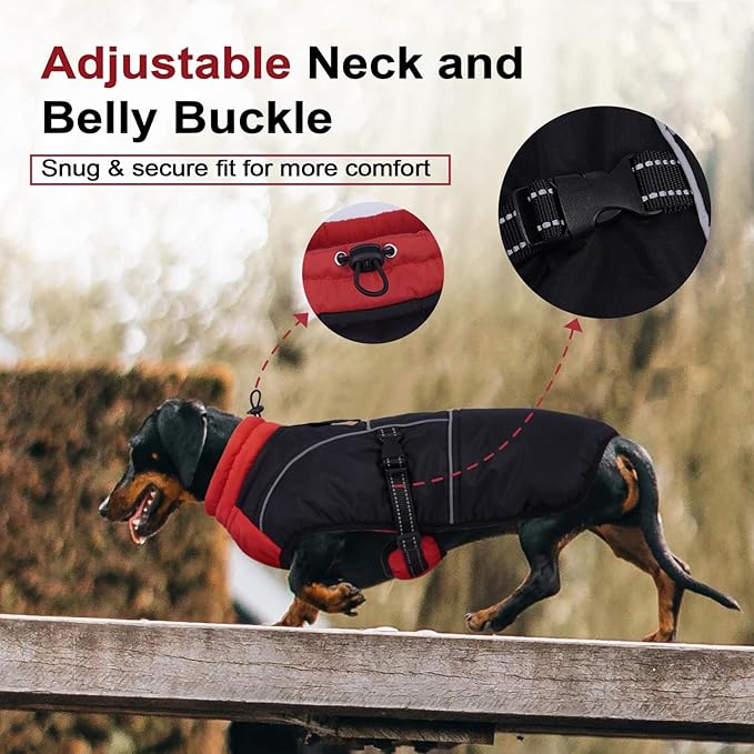 Lelepet Dachshund Coat Warm Dog Winter Coat Waterproof Dog Jacket with Fleece Lining, Reflective Outdoor Dachshund Snowsuit with Leash Hole Adjustable Neckline,Coats for Small Medium Dogs,Red, M