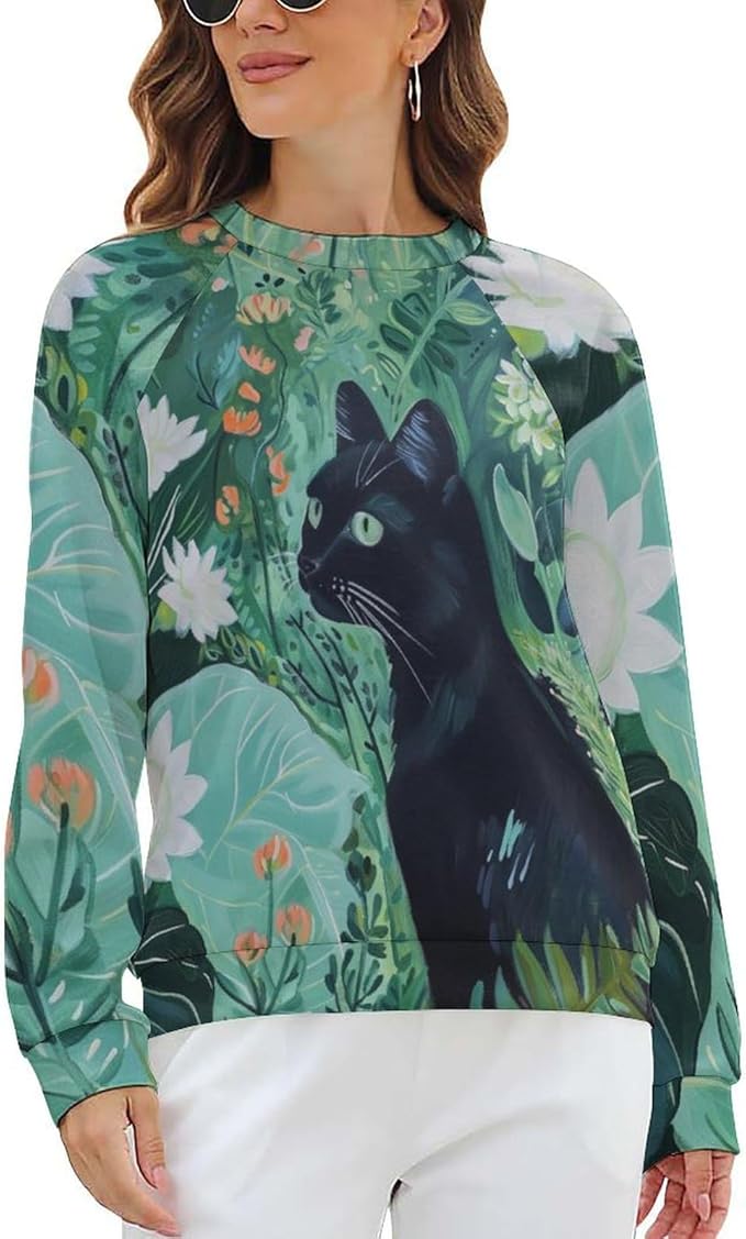 Long Sleeve Shirts for Women Cat Oil Painting Shirt 3D Graphic Sweatshirts Fall Pullover Crewneck Vintage Boho Tops