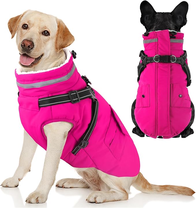 Dogcheer Dog Coat with Harness, Waterproof Warm Dog Winter Jacket with Pockets, Reflective Pet Fleece Jacket Turtleneck Snowsuit for Small Medium Large Dogs - Pink, M