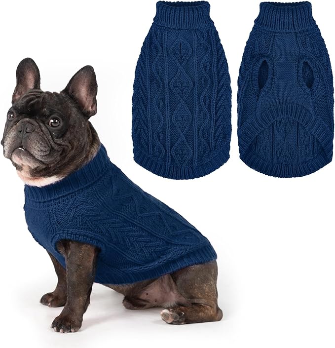 PUPTECK Dog Sweater, Turtleneck Warm Knitted Pullover Coat, Thick Cable Knitwear Clothes in Winter, Pet Apparel Outfits for Small Medium Dogs, for Cold Weather Indoor & Outdoor, Deep Blue M