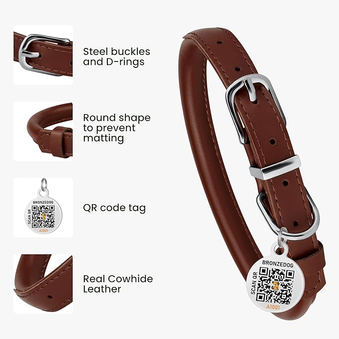 BRONZEDOG Rolled Leather Dog Collar for Small Medium Large Dogs with QR ID Tag (L: 16-18 Inch, Chocolate Brown)