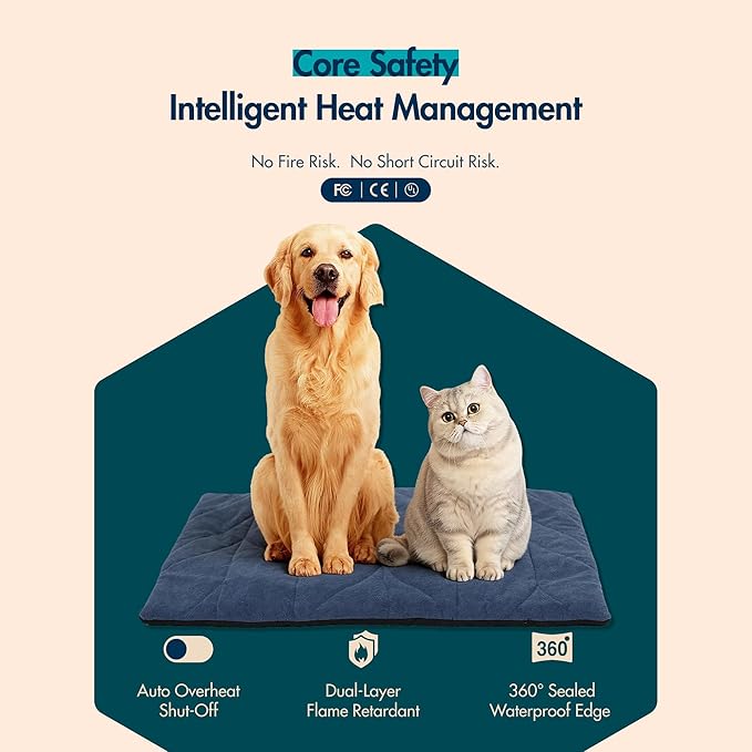 Dog Heating Pad (31"x20") - Waterproof Electric Heated Mat & Pet Bed for Indoor and Outdoor Use, Chew Resistant Cord, Machine Washable Cover with Wheat Pattern Quilting, for Cats and Pets