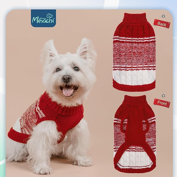 Mihachi Dog Sweaters for Small Medium Dogs Girl Boy,Soft Warm Dogs Shirt, Cold Weather Dog Coat Turtleneck Knitted Pullover Dog Clothes Costume with Leash Hole for Large Cat Puppy Doggy Pet,Red SM