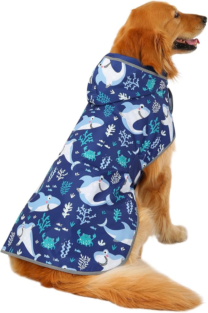 HDE Reversible Dog Raincoat Hooded Slicker Poncho Rain Coat Jacket for Small Medium Large Dogs Sharks - XL