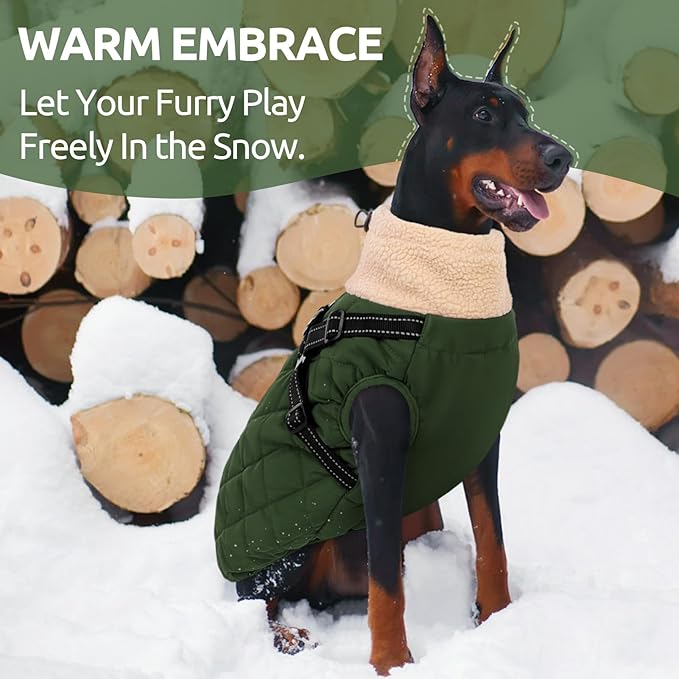 Queenmore Dog Coats for Large Dogs, Dog Jacket, Warm Fleece Winter DogCoat with Harness Built in, Back Zipper Pet Jacket for Large Breeds, Thick Fleece Lining Pet Snowsuit, ArmyGreen 2XL